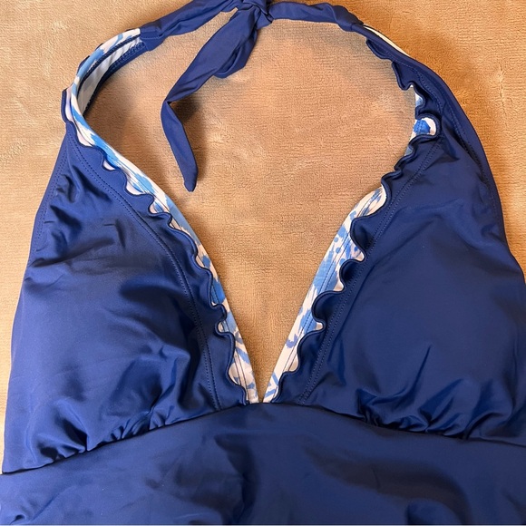 CUPSHE Royal Blue Ruffle Trim Classic Halter Tankini Bikini Top - Size L - Picture 5 of 10
